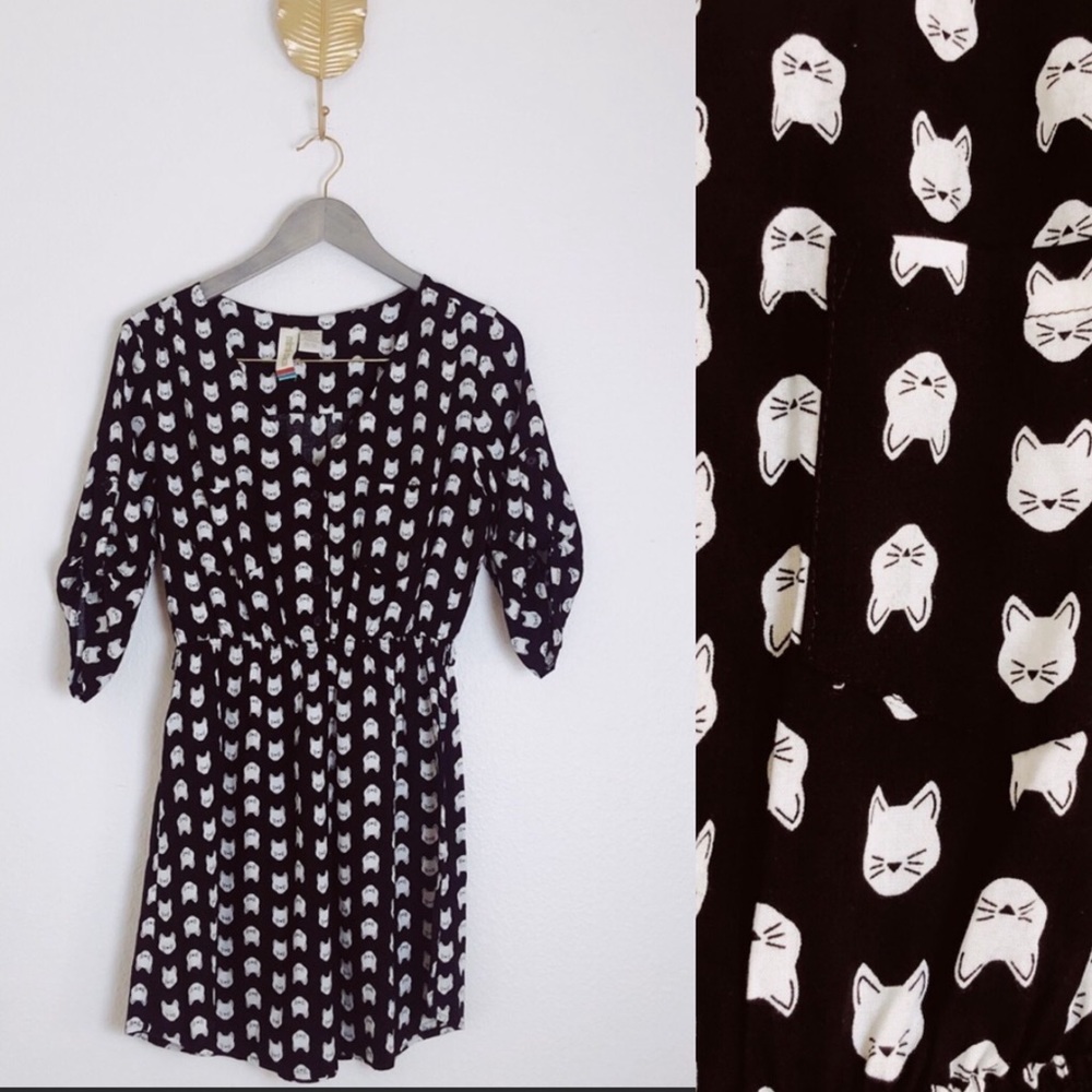 Mimi Chica black and white cat print shirt dress M